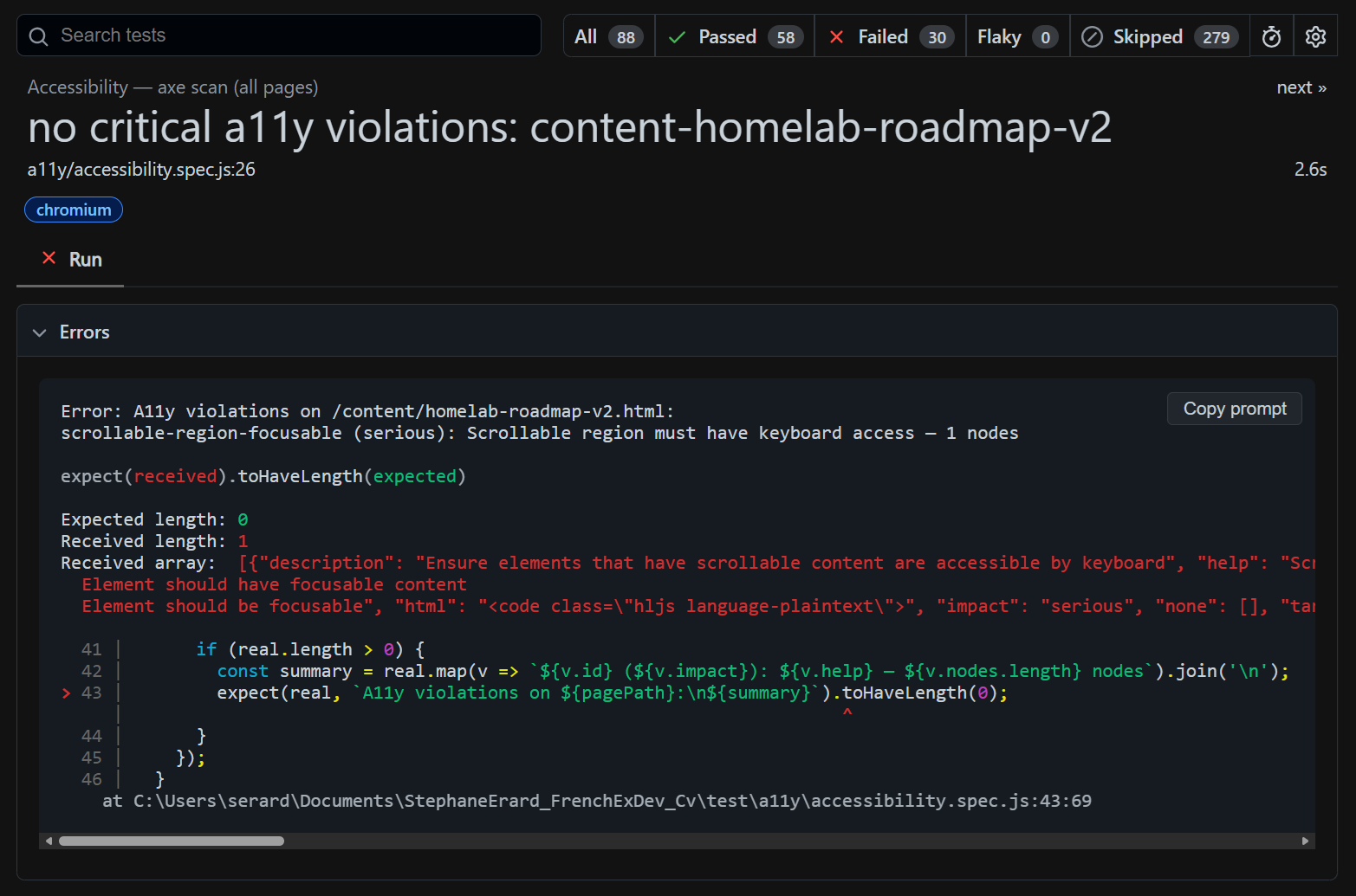 Playwright report showing an a11y violation — the exact axe rule, severity, number of affected nodes, and the test code that caught it