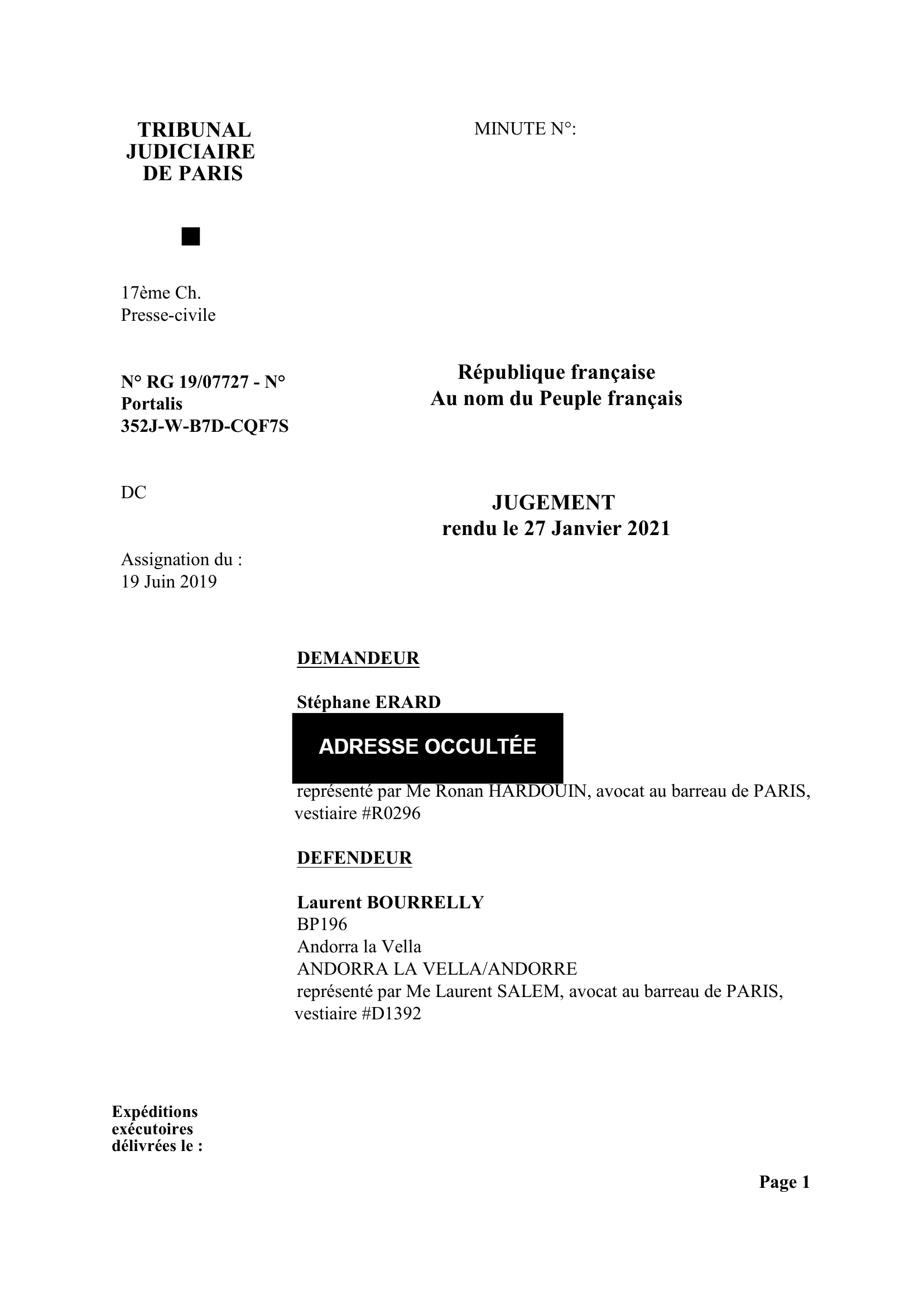 Jugement du tribunal judiciaire de Paris du 27 janvier 2021 — page 1 sur 10 : en-tête, RG 19/07727 et identité des parties