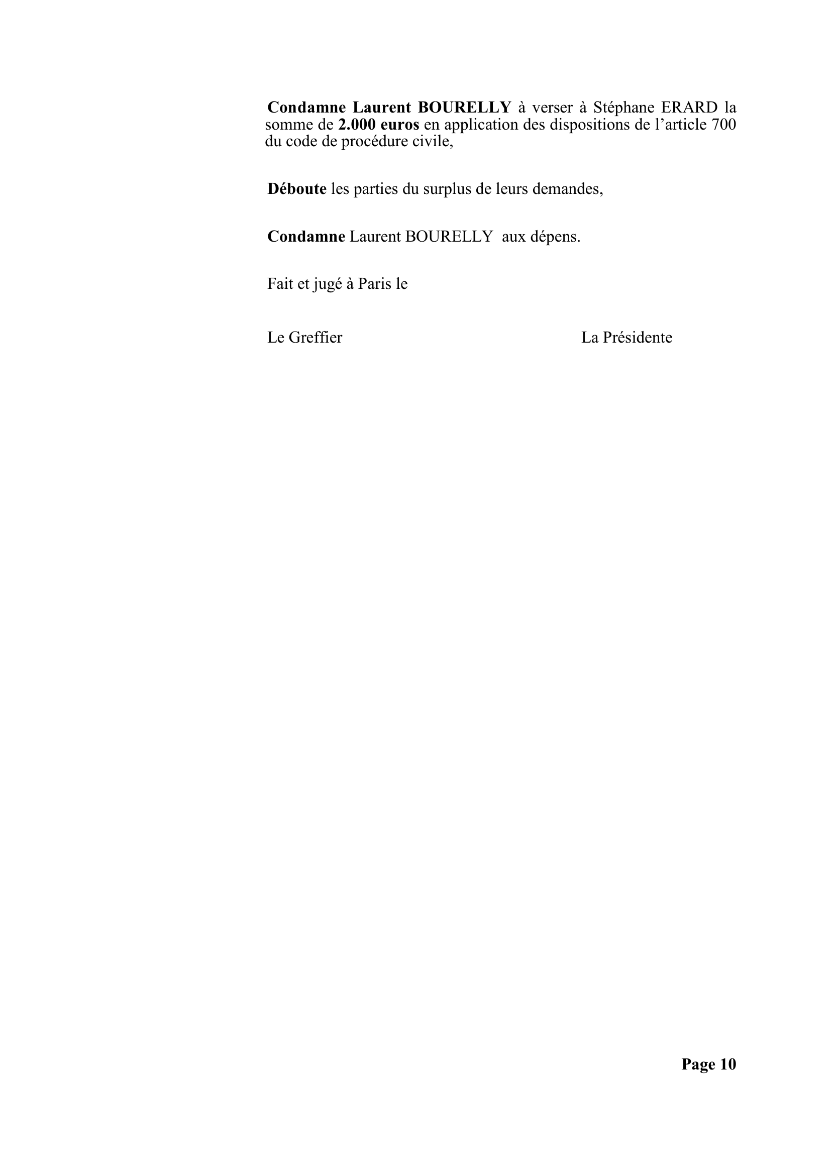 Jugement du tribunal judiciaire de Paris du 27 janvier 2021 — page 10 sur 10 : article 700, dépens et mentions de signature