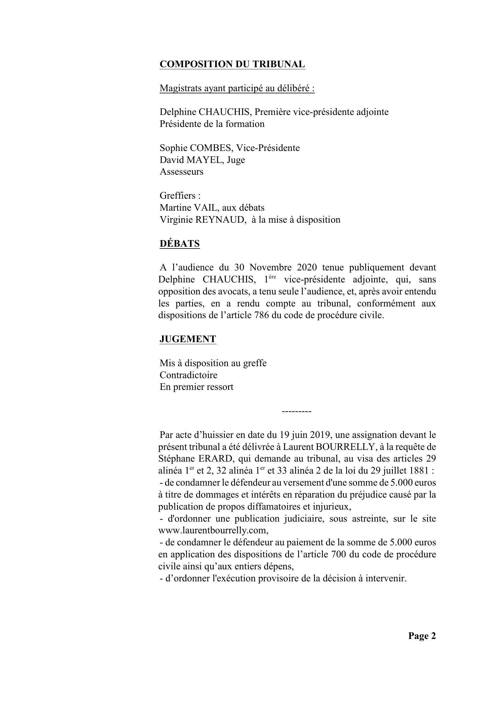 Jugement du tribunal judiciaire de Paris du 27 janvier 2021 — page 2 sur 10 : composition du tribunal et demandes de l'assignation