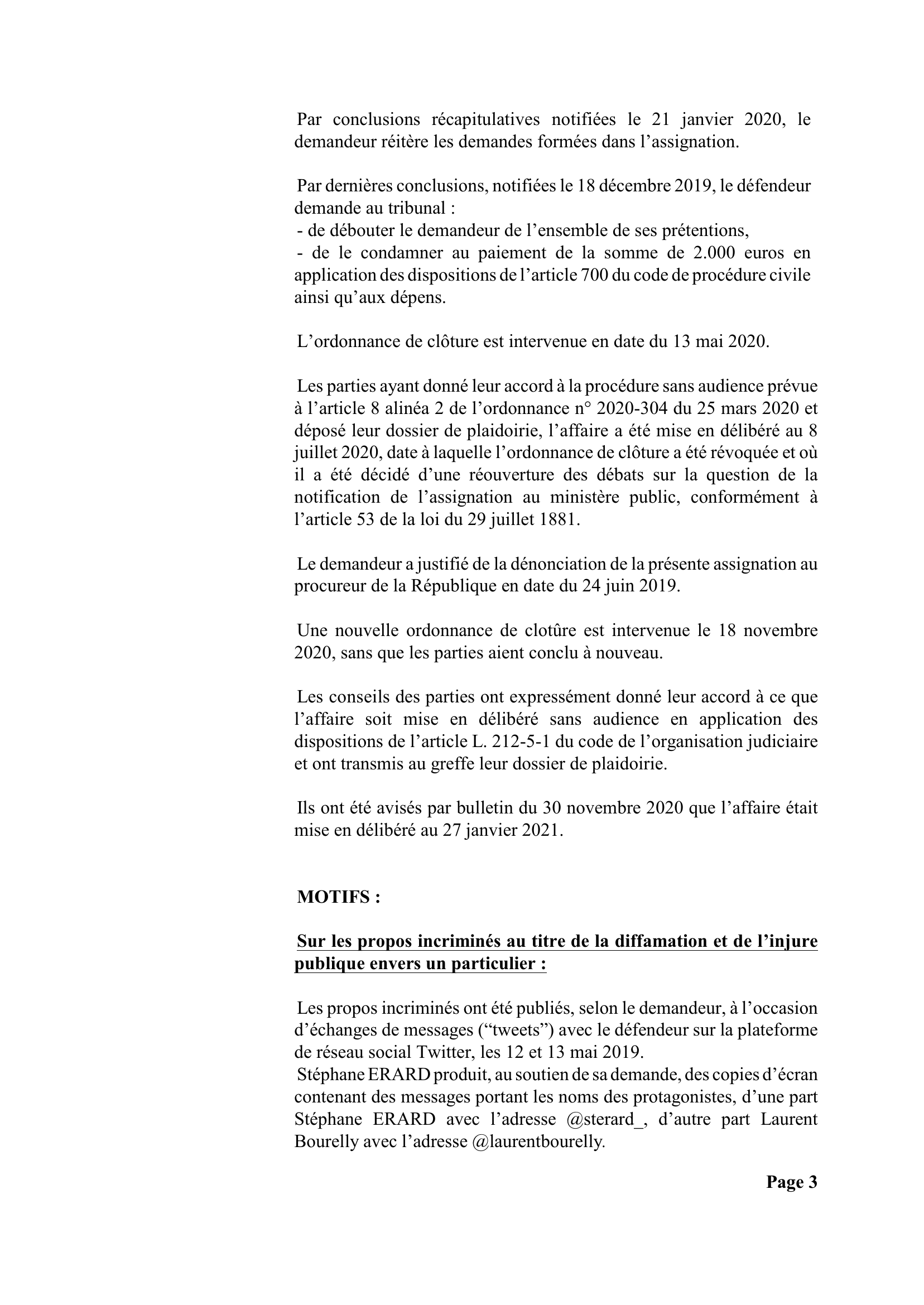 Jugement du tribunal judiciaire de Paris du 27 janvier 2021 — page 3 sur 10 : conclusions, clôtures et début des motifs