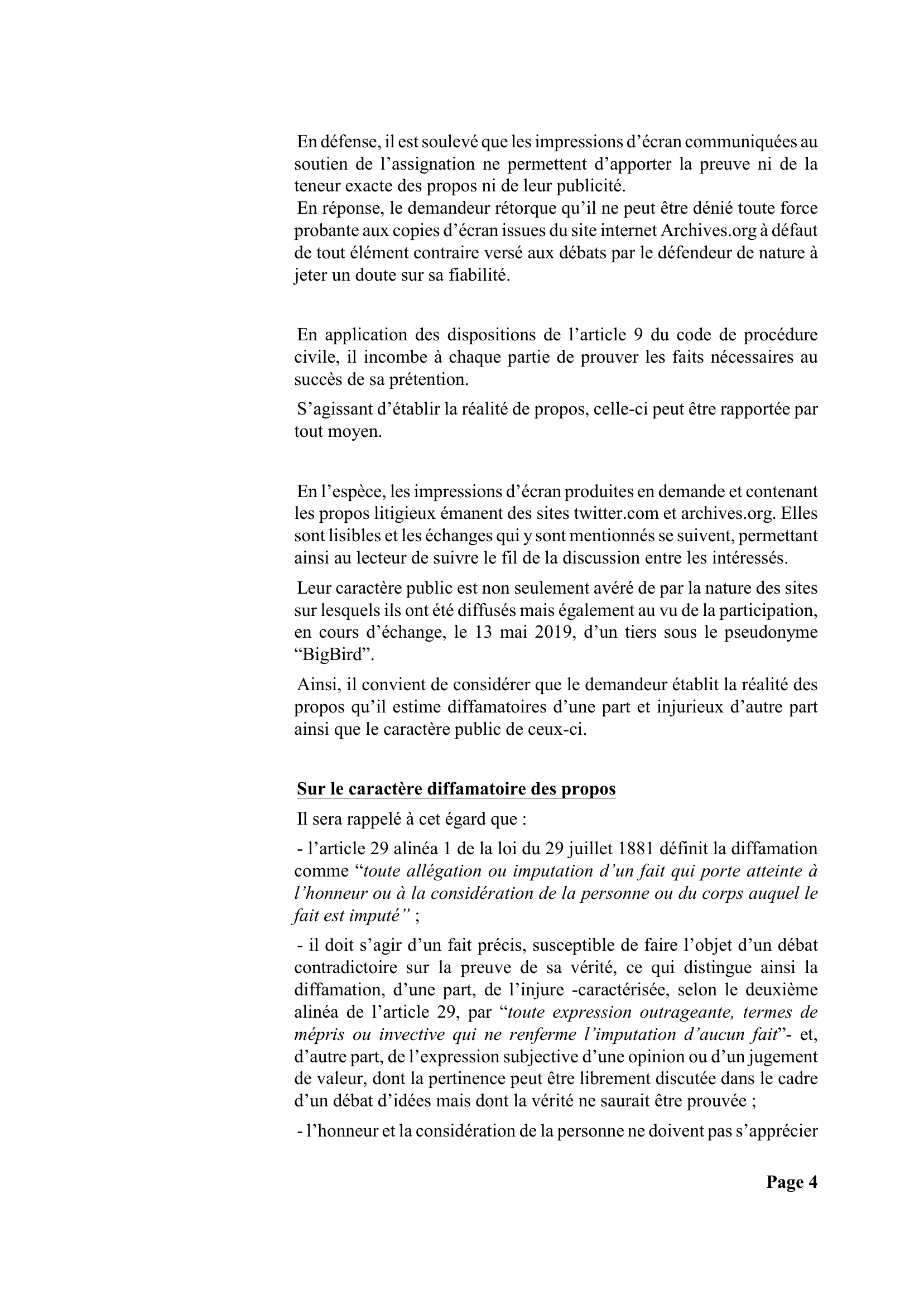 Jugement du tribunal judiciaire de Paris du 27 janvier 2021 — page 4 sur 10 : preuve des propos, publicité et définitions légales