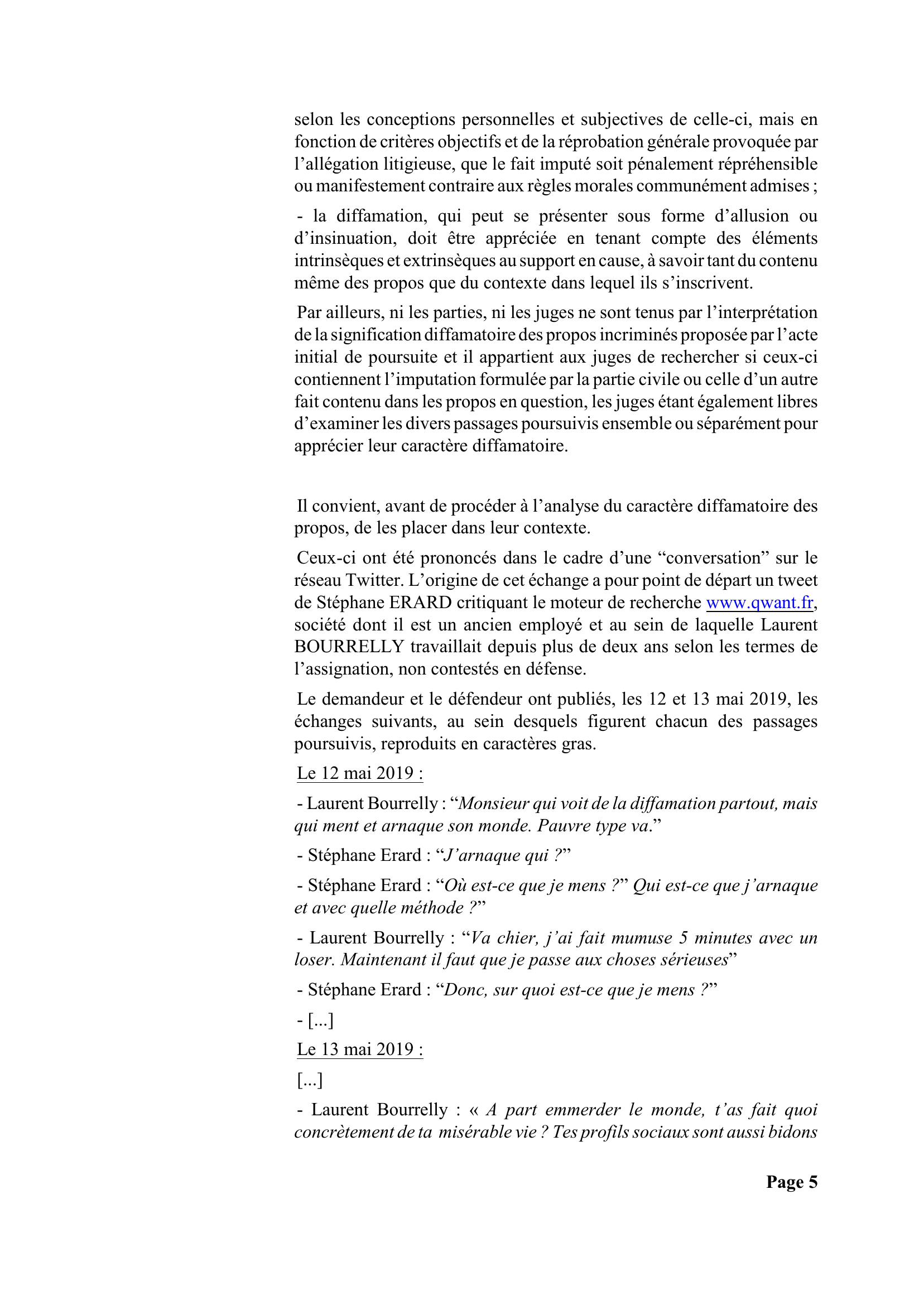 Jugement du tribunal judiciaire de Paris du 27 janvier 2021 — page 5 sur 10 : contexte de l'échange et propos du 12 mai 2019