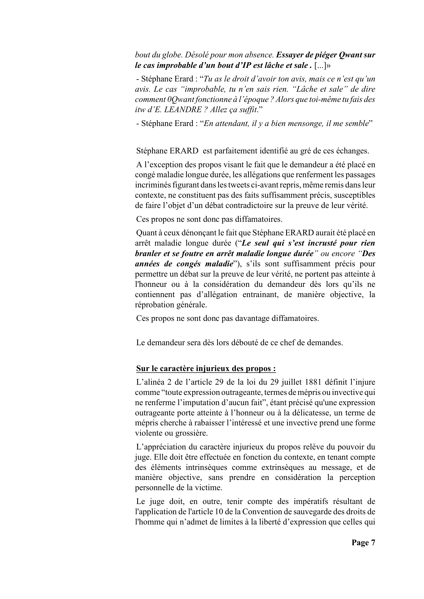 Jugement du tribunal judiciaire de Paris du 27 janvier 2021 — page 7 sur 10 : rejet de la diffamation et régime de l'injure