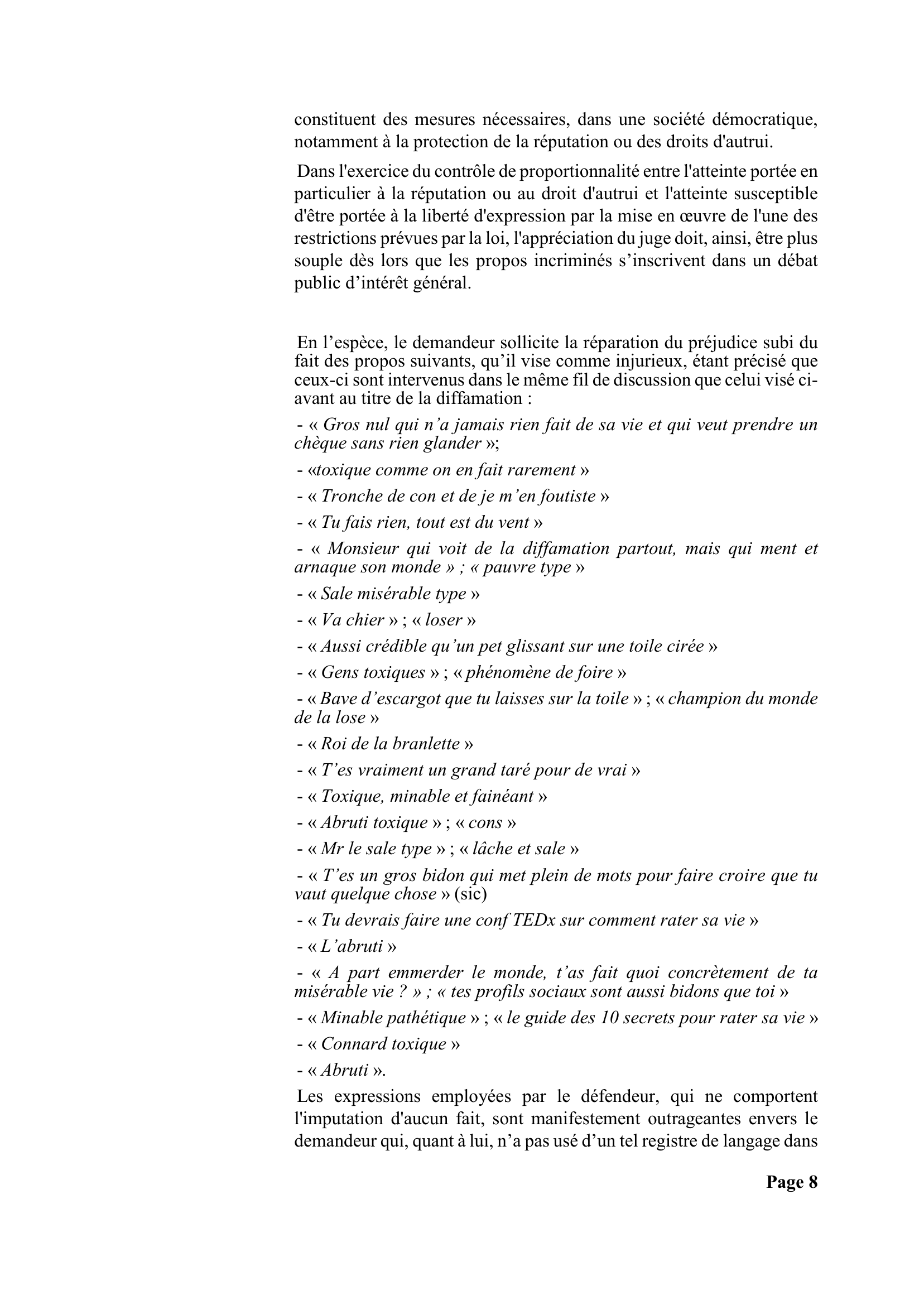 Jugement du tribunal judiciaire de Paris du 27 janvier 2021 — page 8 sur 10 : contrôle de proportionnalité et liste des propos injurieux