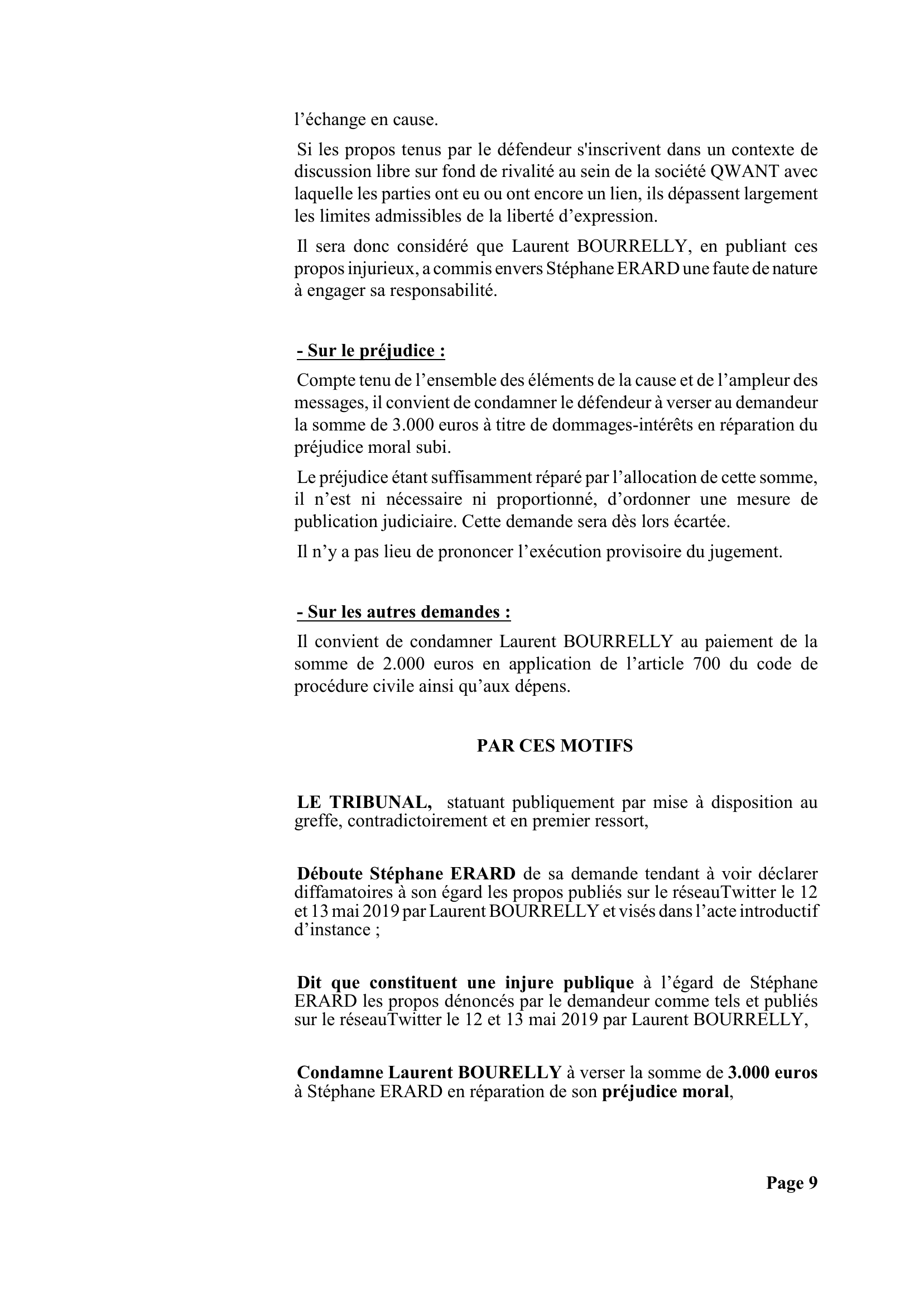 Jugement du tribunal judiciaire de Paris du 27 janvier 2021 — page 9 sur 10 : faute retenue, 3 000 euros de préjudice moral et début du dispositif