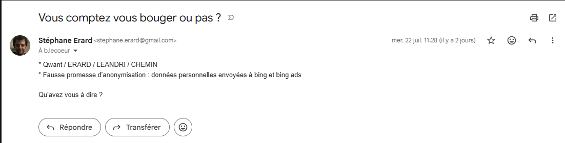 Courriel demandant à Qwant de répondre sur l'alerte relative à l'anonymisation et à Bing