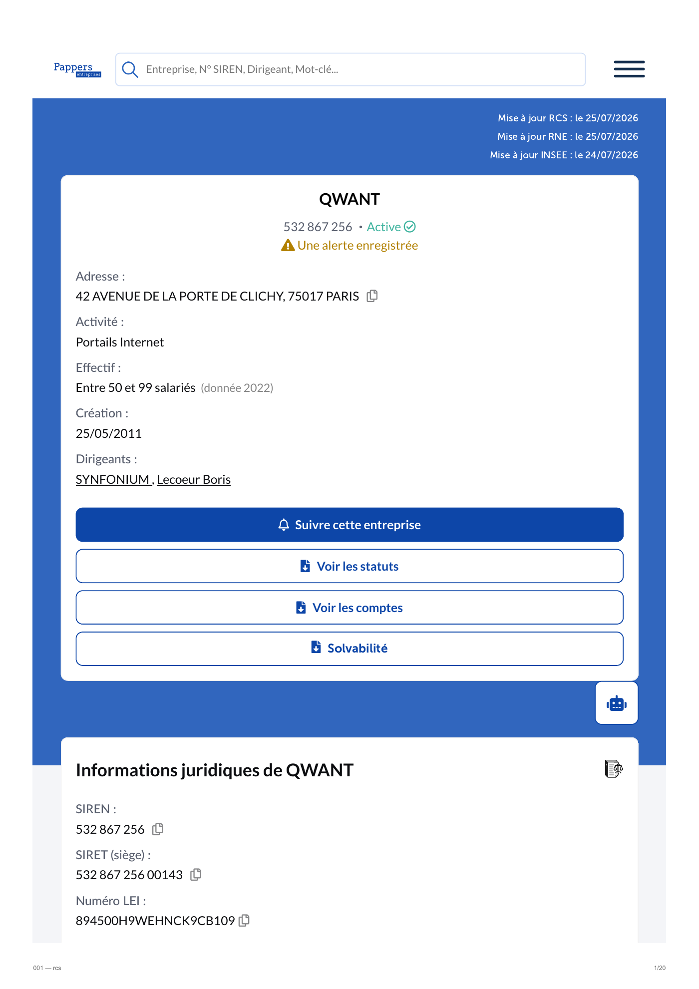 Capture 001 - Registre RCS et BODACC de Qwant - page 1 sur 20