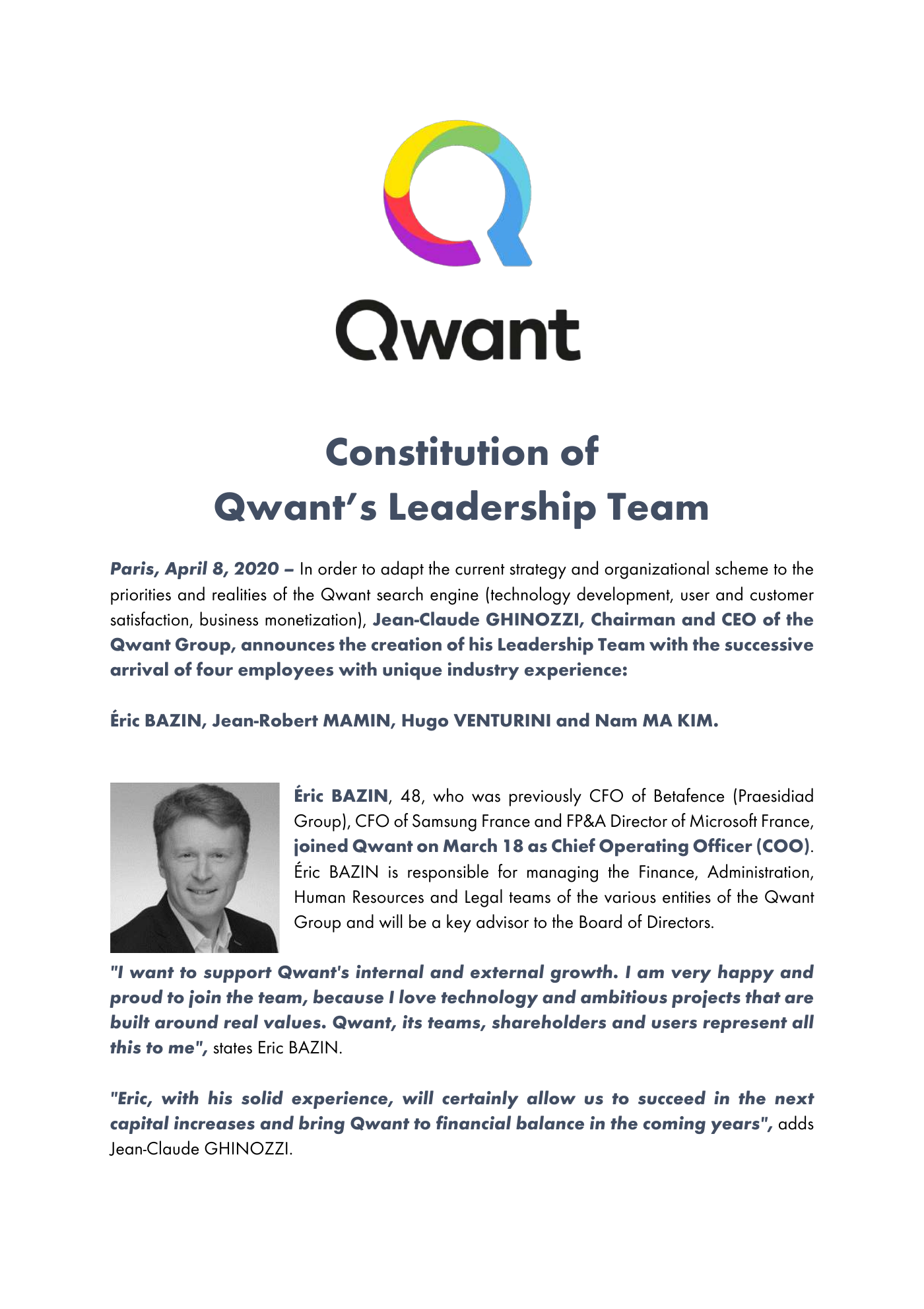 Capture 005 - Constitution de la Leadership Team de Qwant en 2020 - page 1 sur 4