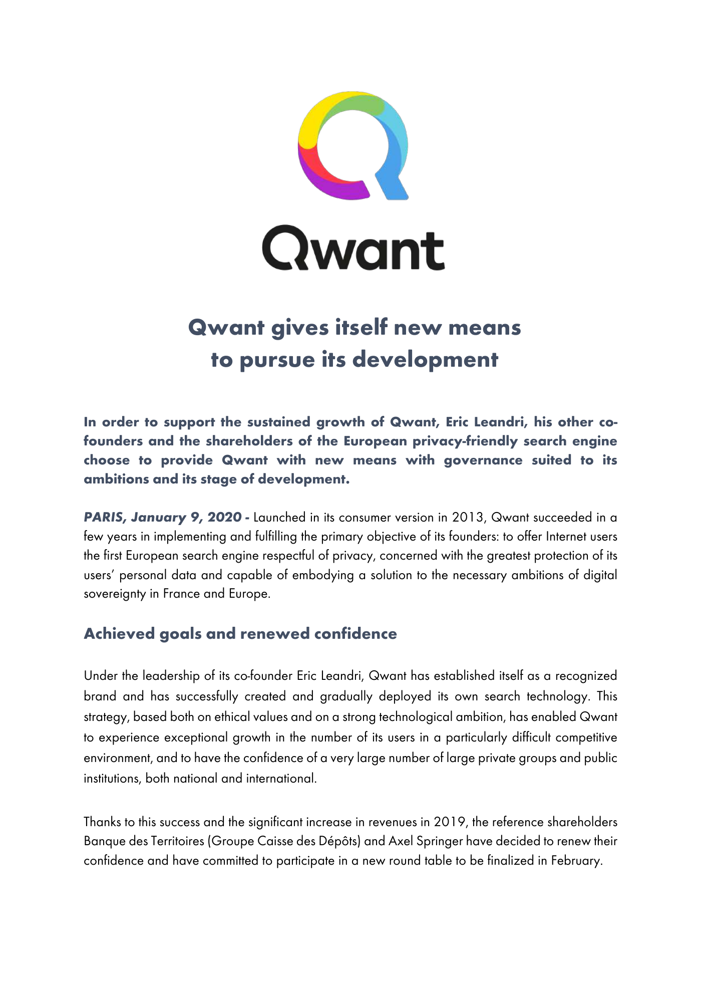 Capture 013 - Communiqué Qwant sur la gouvernance de janvier 2020 - page 1 sur 3