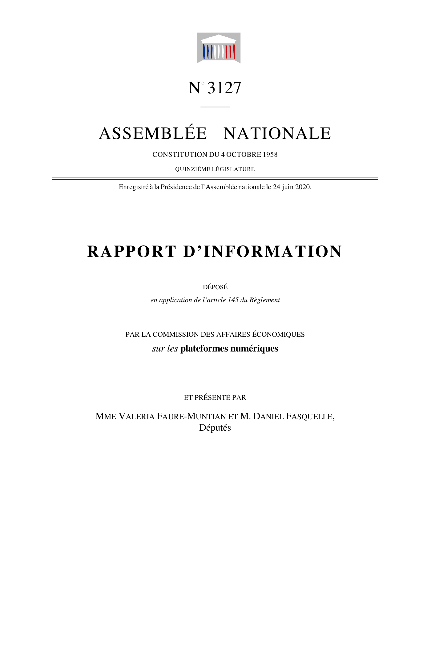 Capture 015 - Rapport de l'Assemblée nationale de 2020 - page 1 sur 104