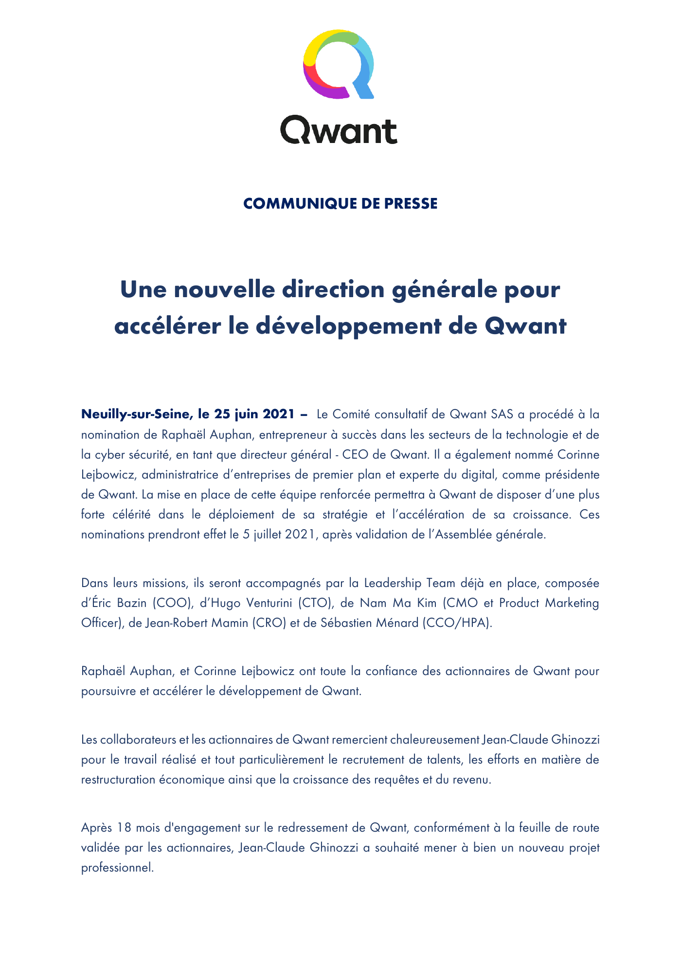 Capture 023 - Communiqué sur la nouvelle direction générale de Qwant en 2021 - page 1 sur 2