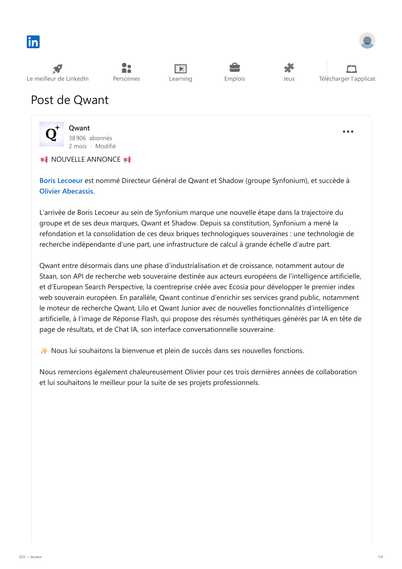 Capture 033 - Annonce Qwant de la nomination de Boris Lecoeur - page 1 sur 4