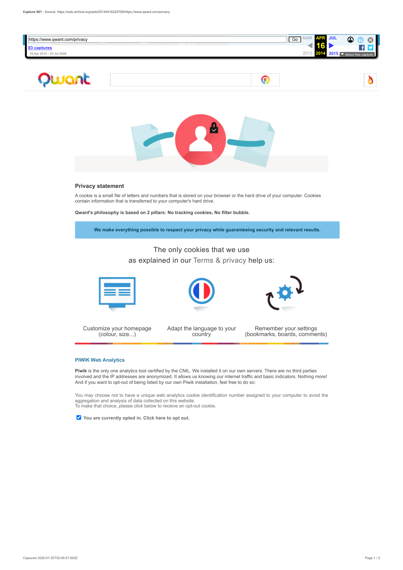 Capture 001 - Politique de confidentialité Qwant du 16 avril 2014 - page 1 sur 2