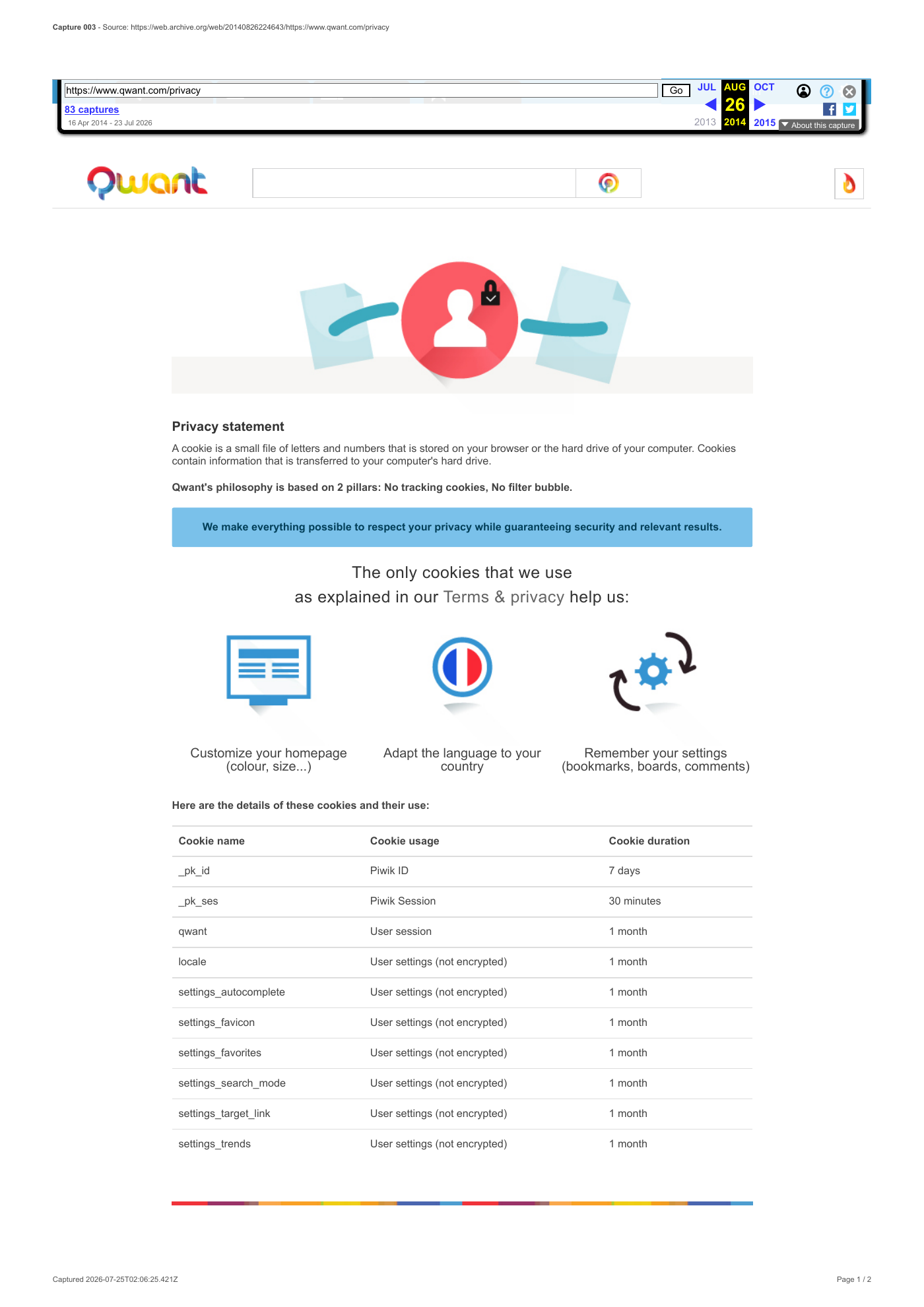 Capture 003 - Politique de confidentialité Qwant du 26 août 2014 - page 1 sur 2