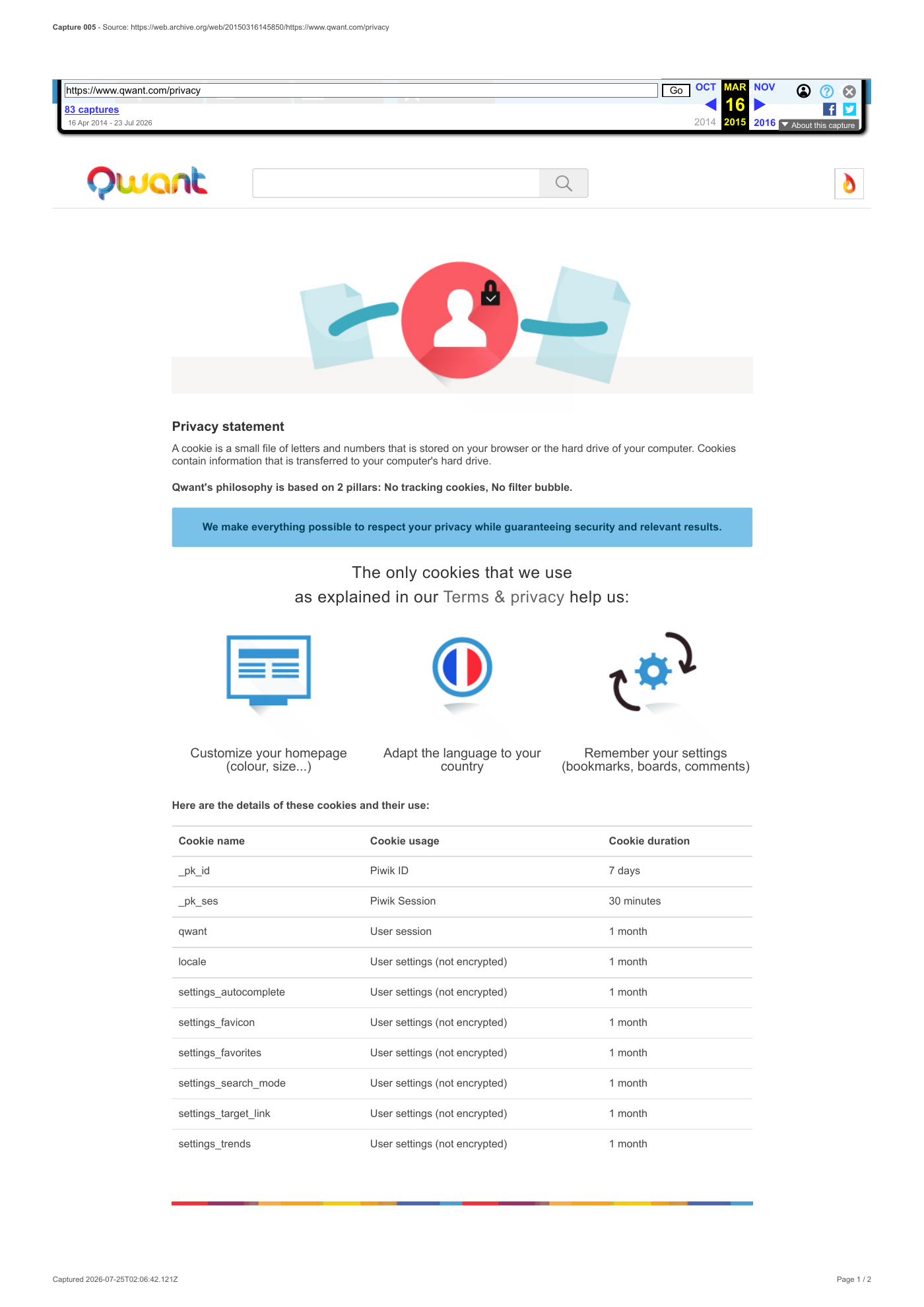 Capture 005 - Politique de confidentialité Qwant du 16 mars 2015 - page 1 sur 2