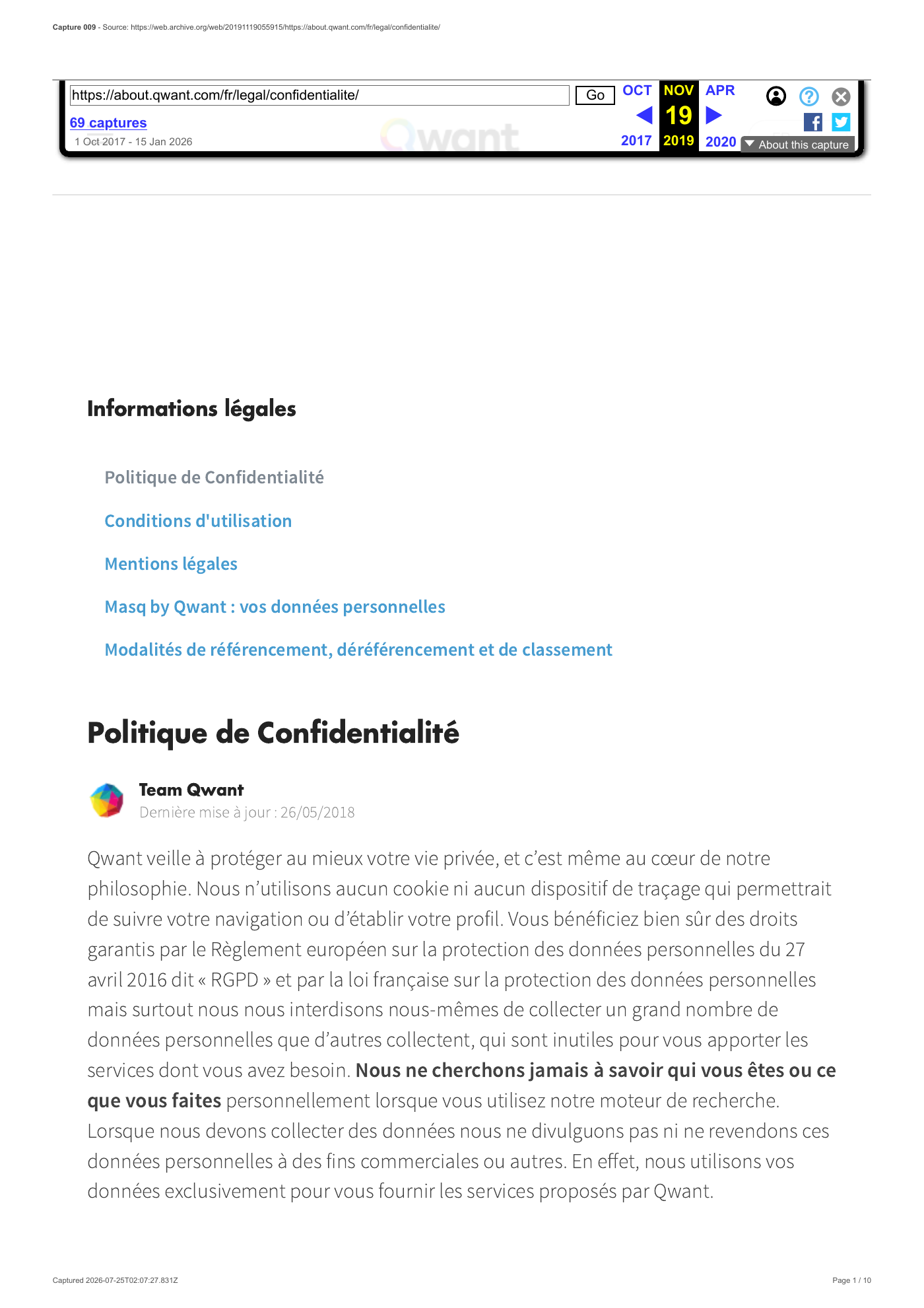 Capture 009 - Politique de confidentialité du 19 novembre 2019 - page 1 sur 10