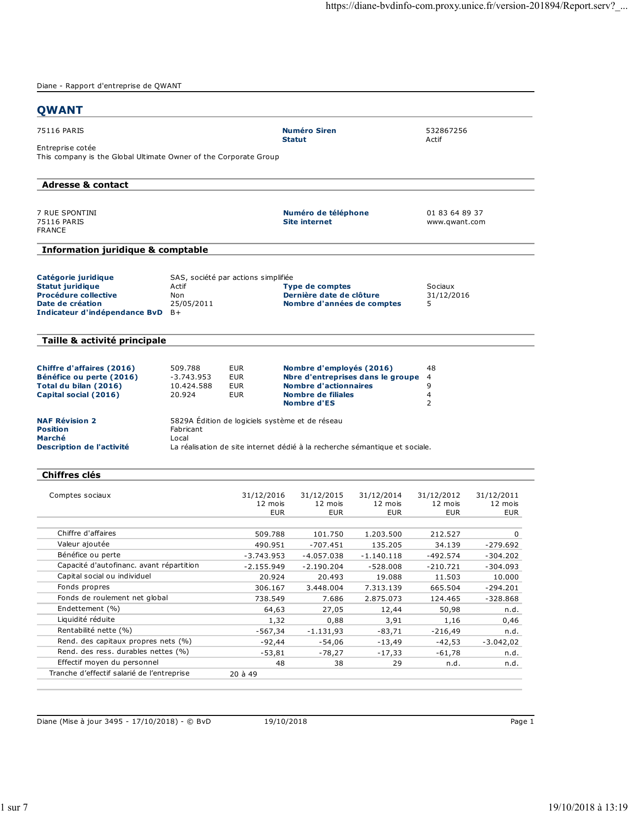 Rapport Diane, page 1 : chiffres clés de Qwant et série 2011-2016
