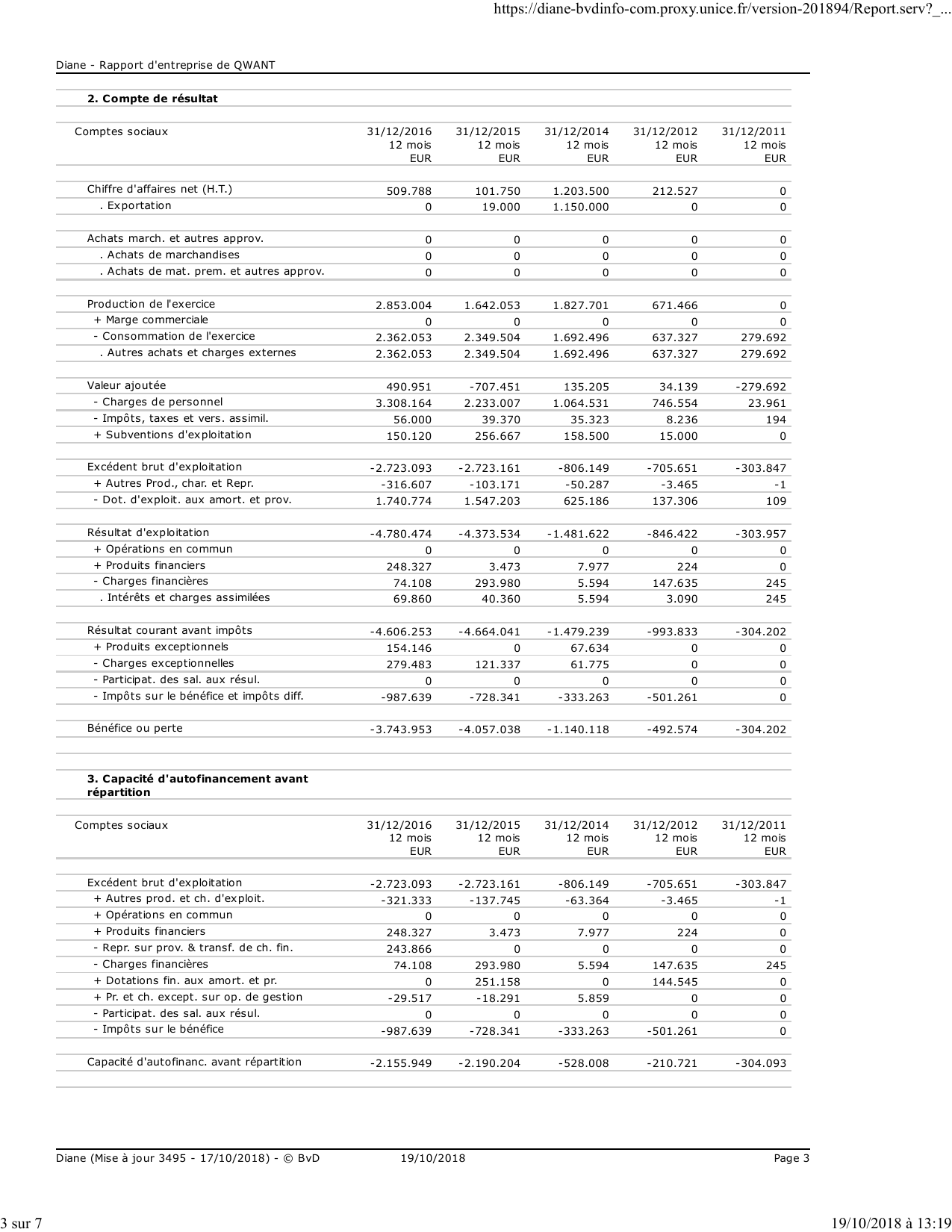 Rapport Diane, page 3 : compte de résultat, achats externes, personnel et résultat