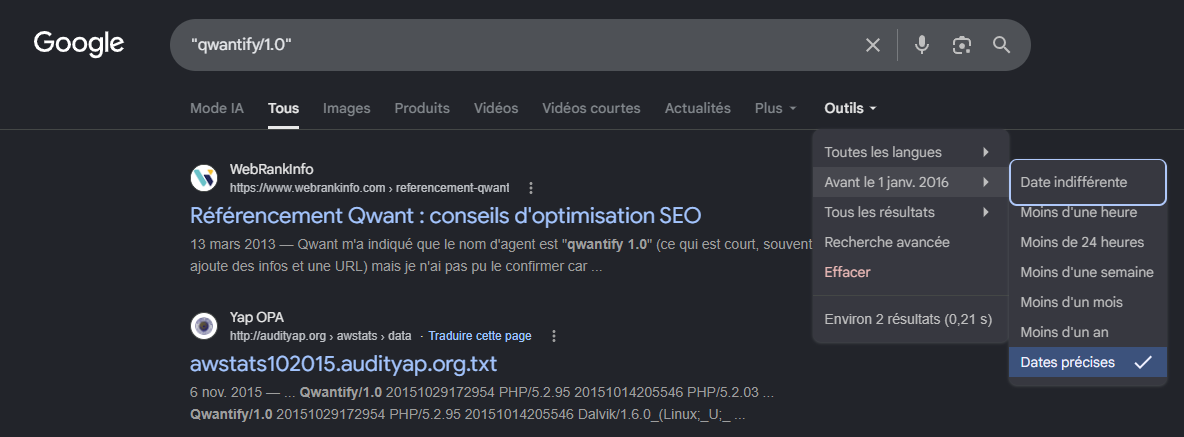 Résultat Google faisant apparaître Qwantify/1.0 dans un fichier de statistiques AWStats d'octobre 2015