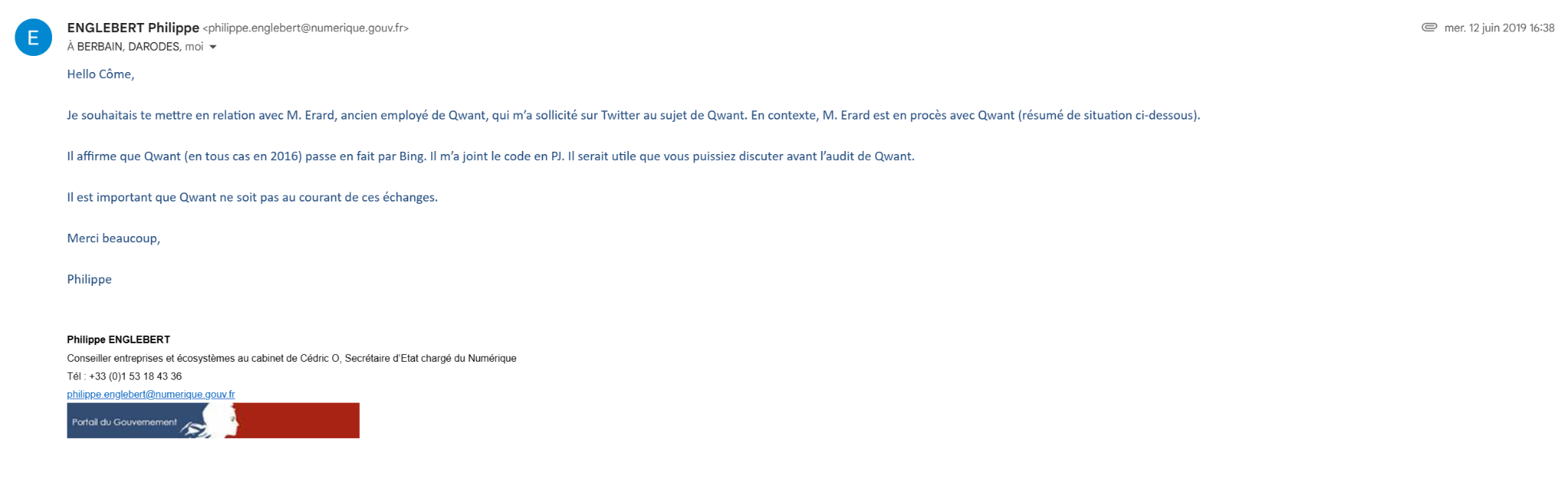 Courriel de Philippe Englebert du 12 juin 2019 relayant l'alerte sur l'usage de Bing en 2016