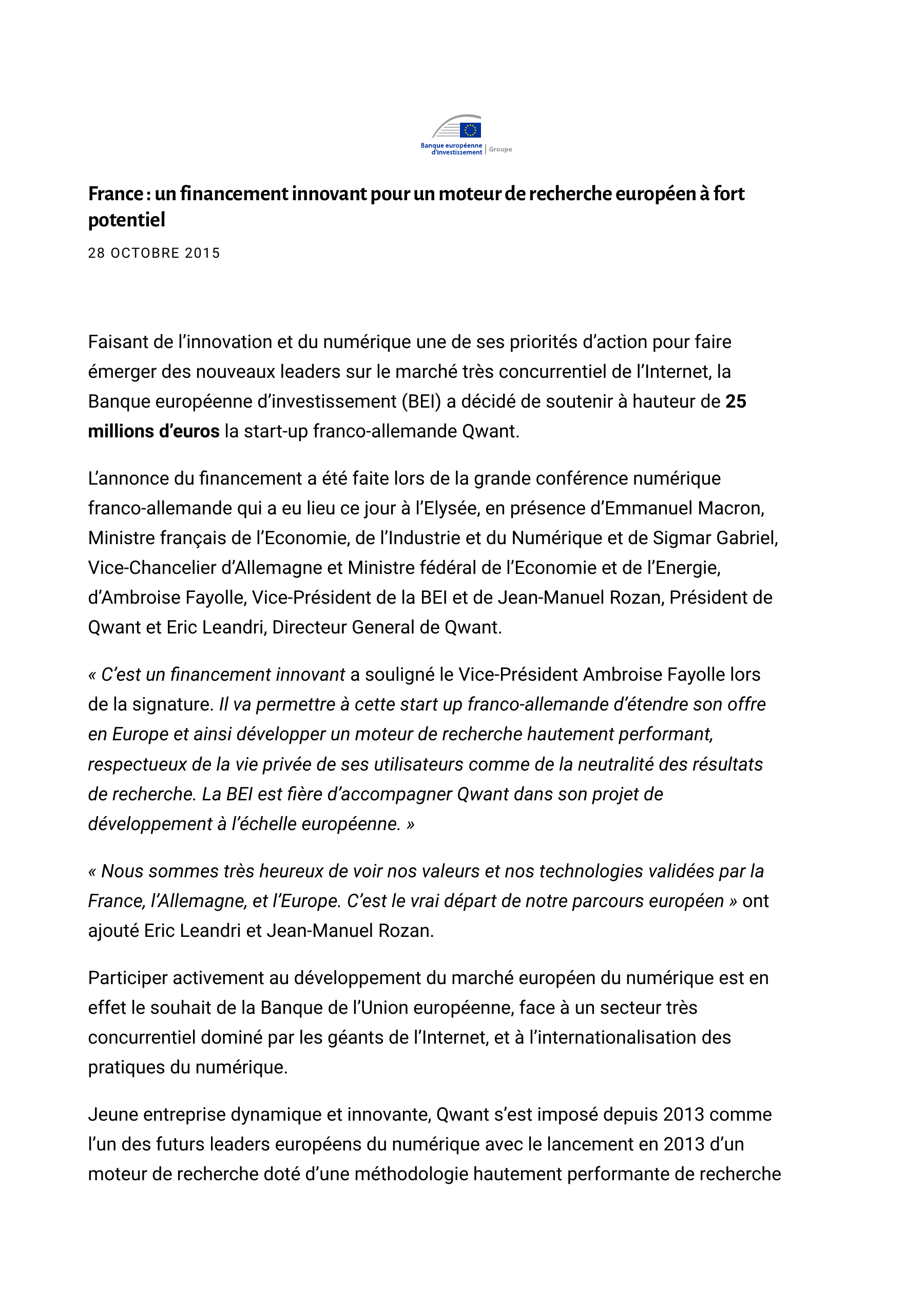 Première page du communiqué BEI du 28 octobre 2015