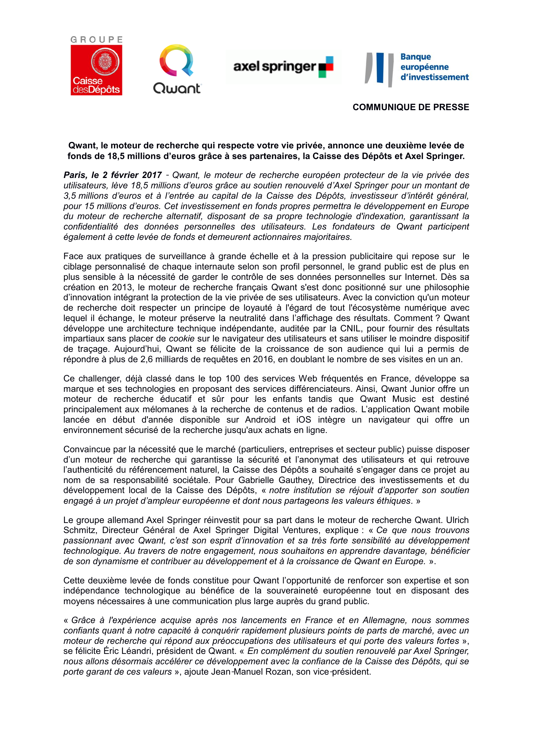 Première page du communiqué CDC/Qwant du 2 février 2017