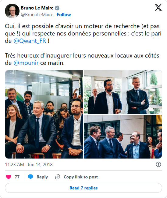 Tweet de Bruno Le Maire du 14 juin 2018 lors de l'inauguration des nouveaux locaux de Qwant