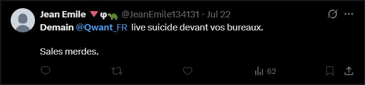 Publication X annonçant un live suicide devant les bureaux de Qwant