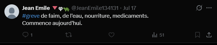 Publication X annonçant une grève de la faim, de l'eau, de la nourriture et des médicaments