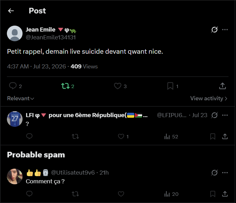 Publication X rappelant le live suicide devant Qwant Nice