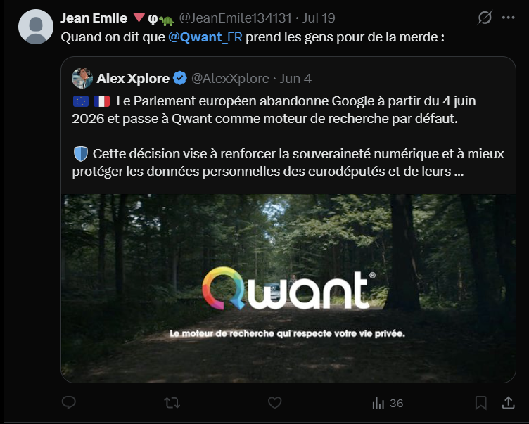 Publication X critiquant le discours de Qwant sur la protection de la vie privée