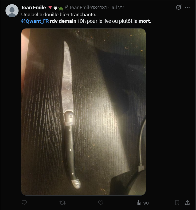 Publication X montrant un couteau et annonçant un rendez-vous pour le live ou plutôt la mort