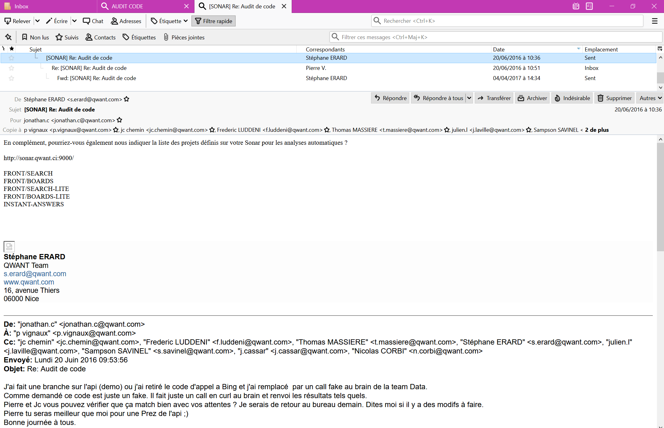 Full email thread about code audit sonarqube showing Cassar's 