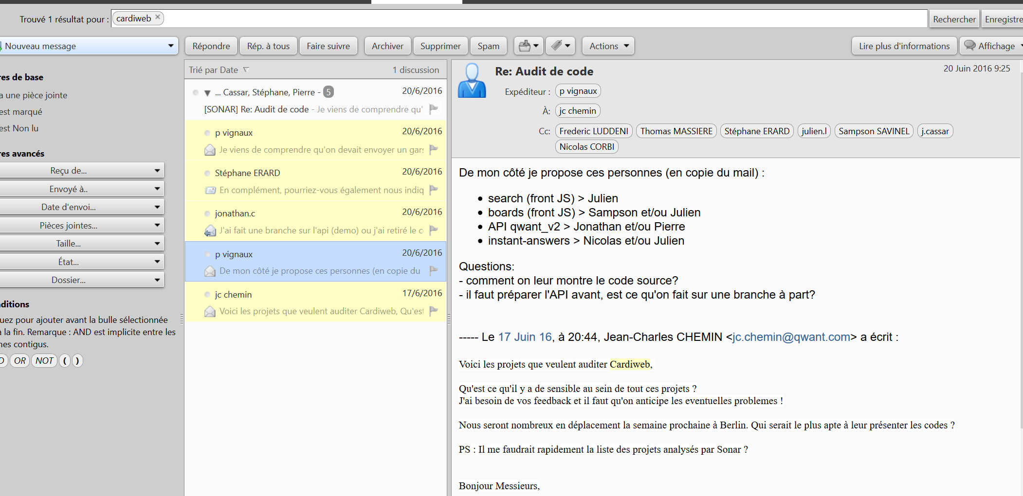 Email from Pierre Vignaux proposing people for audit and asking 