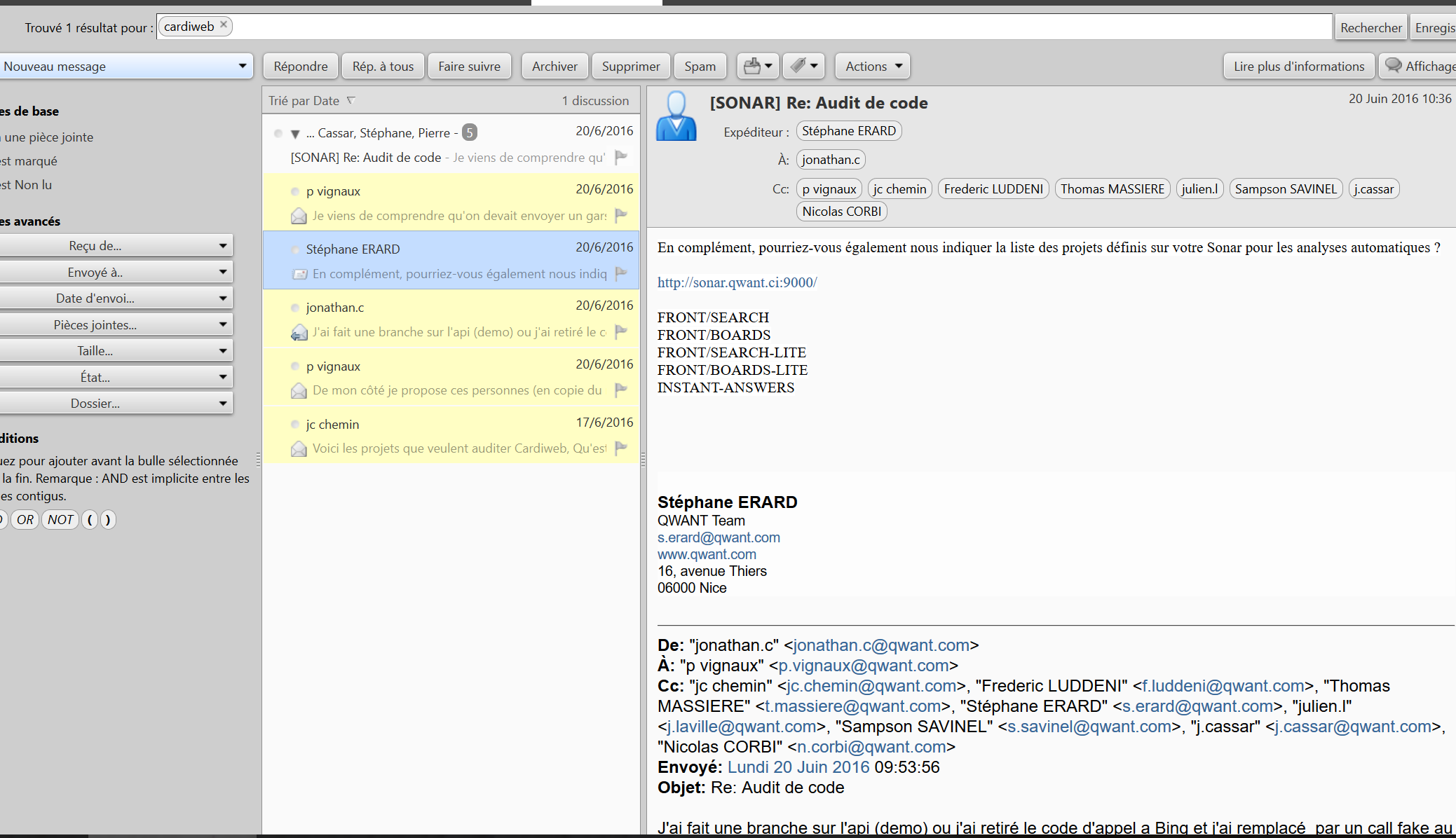 Email about SONAR listing projects including FRONT-SEARCH, FRONT-BOARDS-LITE, INSTANT-ANSWERS with the demo branch code