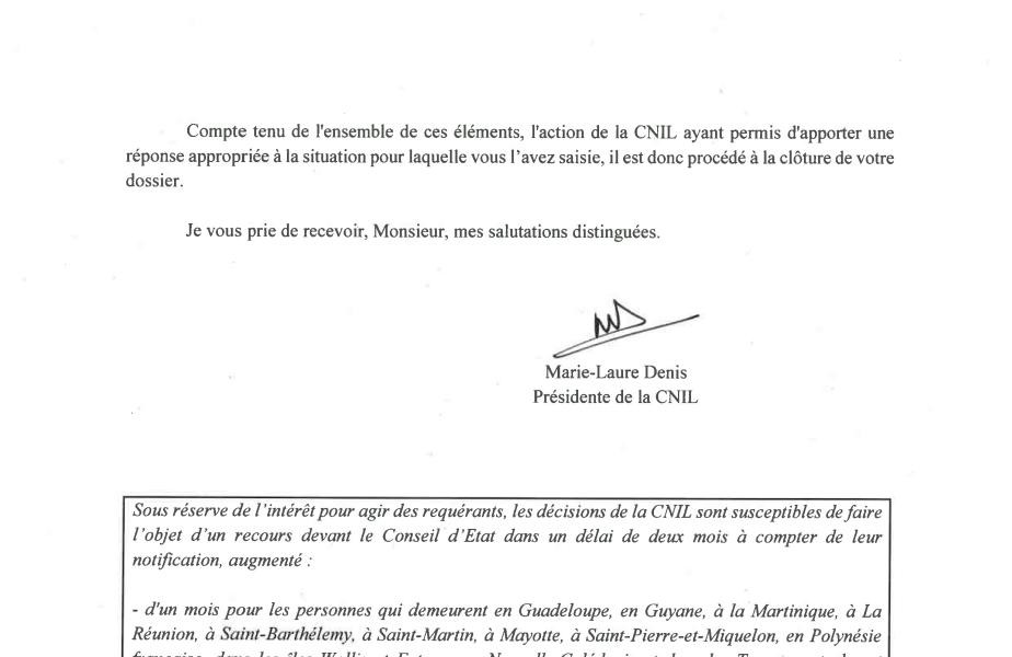 CNIL letter signature by Marie-Laure Denis