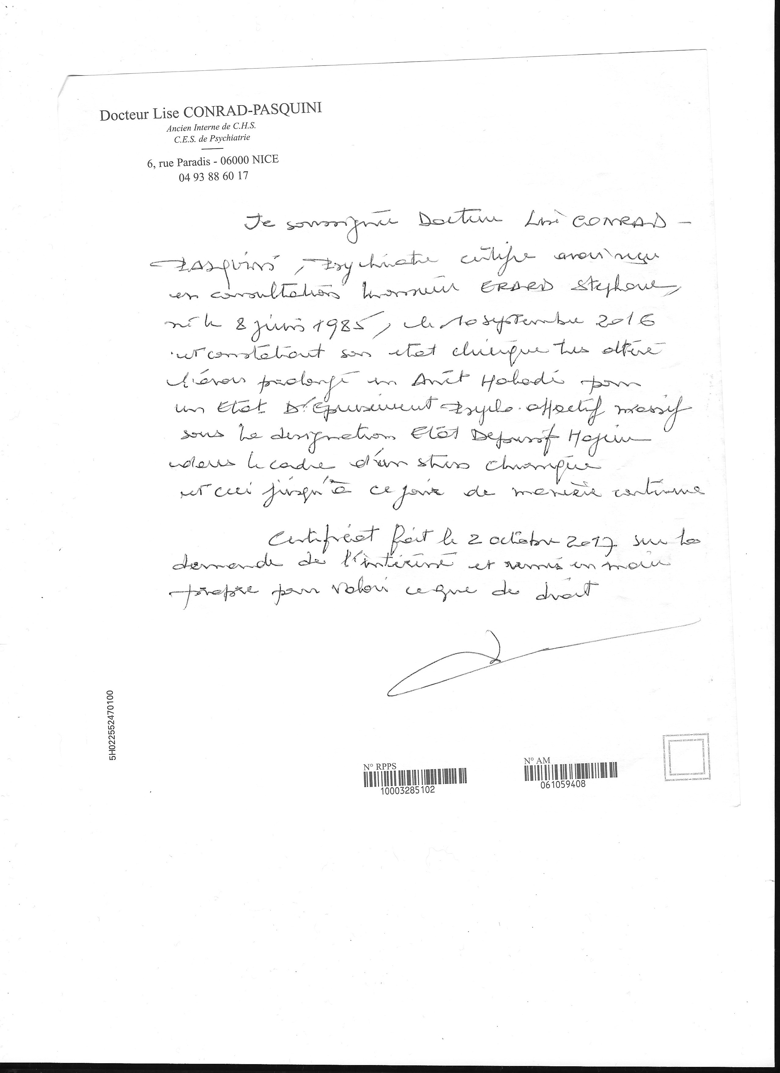 Certificat du Dr Conrad-Pasquini, psychiatre à Nice : état dépressif majeur, stress chronique (consultation du 10 septembre 2016)