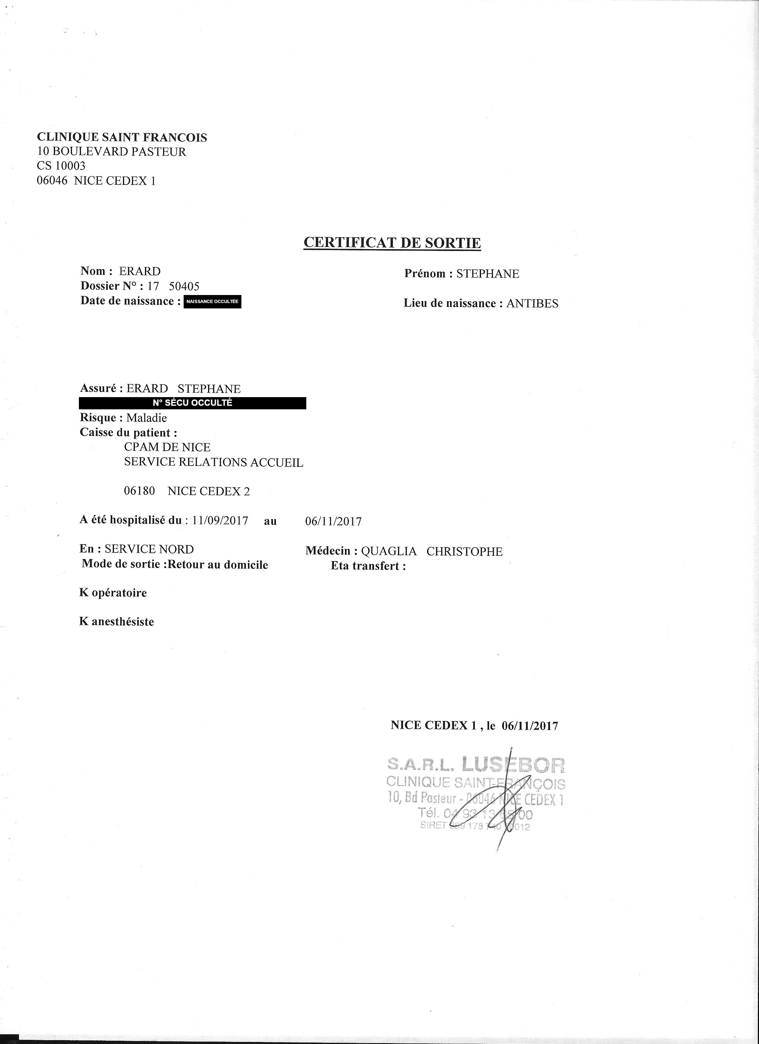Certificat de sortie de la Clinique Saint François (Nice) attestant d'une hospitalisation du 11 septembre au 6 novembre 2017, service Nord, sortie par retour à domicile