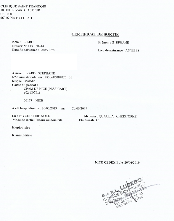 Copie basse résolution du certificat de sortie d'hospitalisation 2019 (Clinique Saint François, Nice)