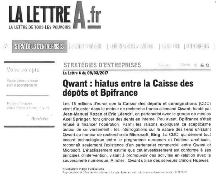 La Lettre A article about BPI/CDC financing