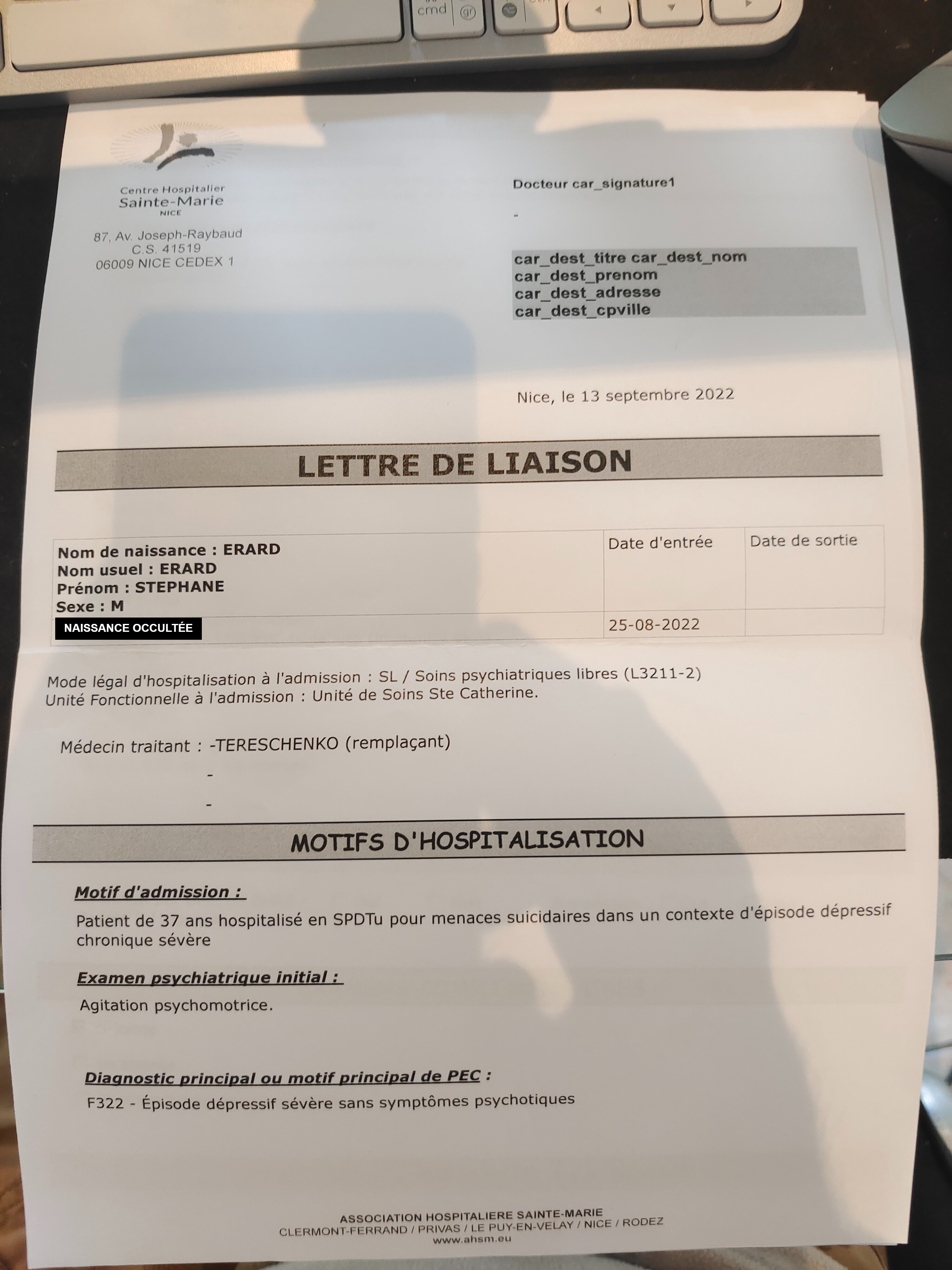 Lettre de liaison du Centre Hospitalier Sainte-Marie (Nice), 13 septembre 2022 : diagnostic F322, épisode dépressif sévère