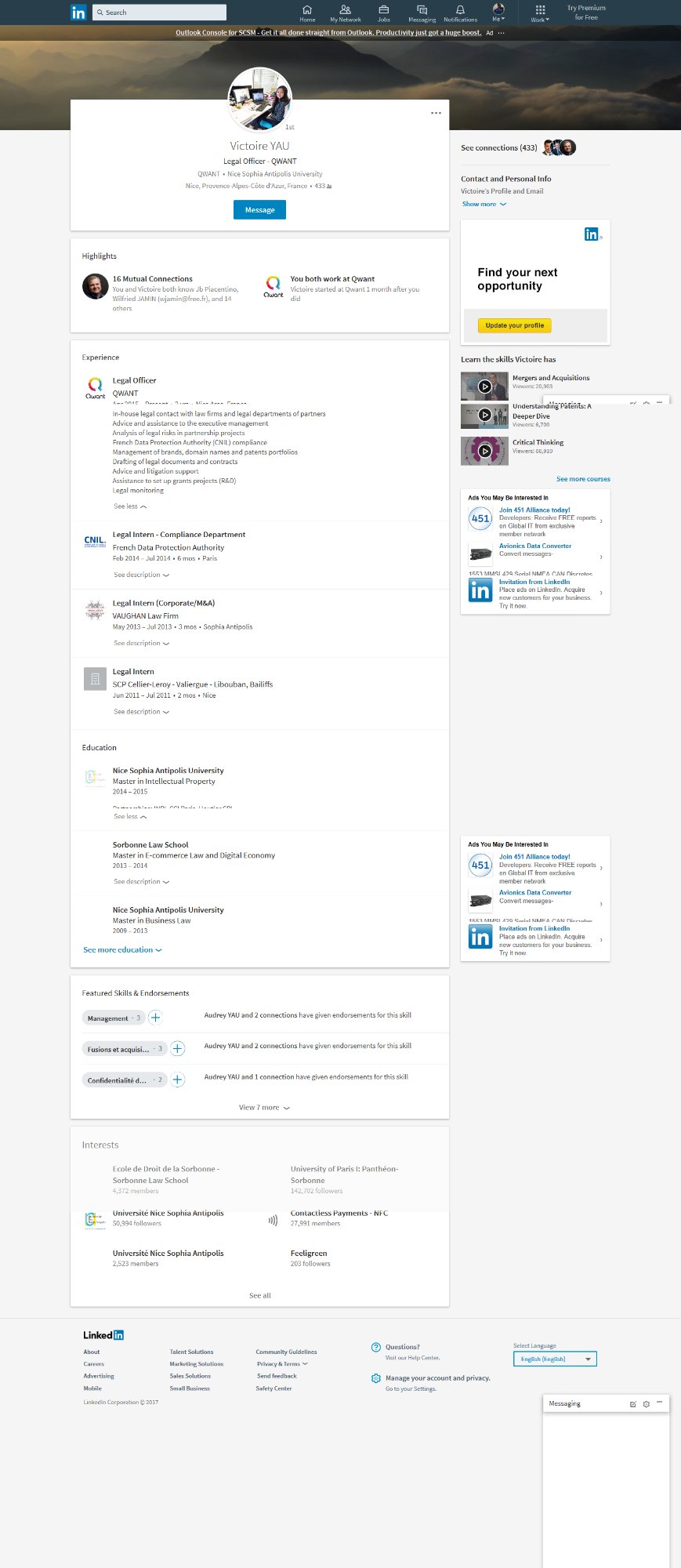 Profil LinkedIn de Victoire Yau — Legal Officer Qwant et ancienne stagiaire compliance CNIL