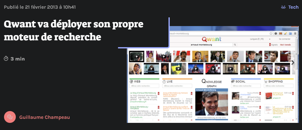 Article de Guillaume Champeau du 21 février 2013, « Qwant va déployer son propre moteur de recherche », avec capture de l'interface Qwant à son lancement