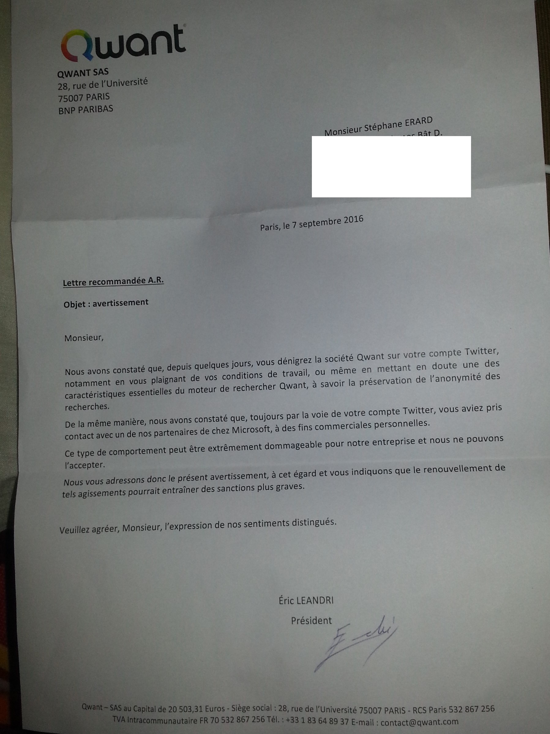 Avertissement signé par Éric Léandri le 7 septembre 2016, reliant les tweets à l'anonymité des recherches et à un partenaire Microsoft.
