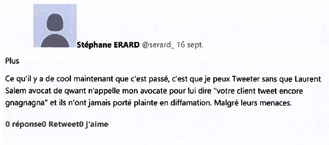 Tweet du 16 septembre 2018 — reproduction figurant dans le procès-verbal de constat, pièce n° 4, p. 9.