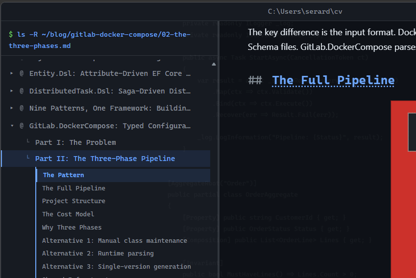 The tooltip staying alive as the cursor moves between TOC items -- fading during the grace period, then snapping back with a typewriter title swap