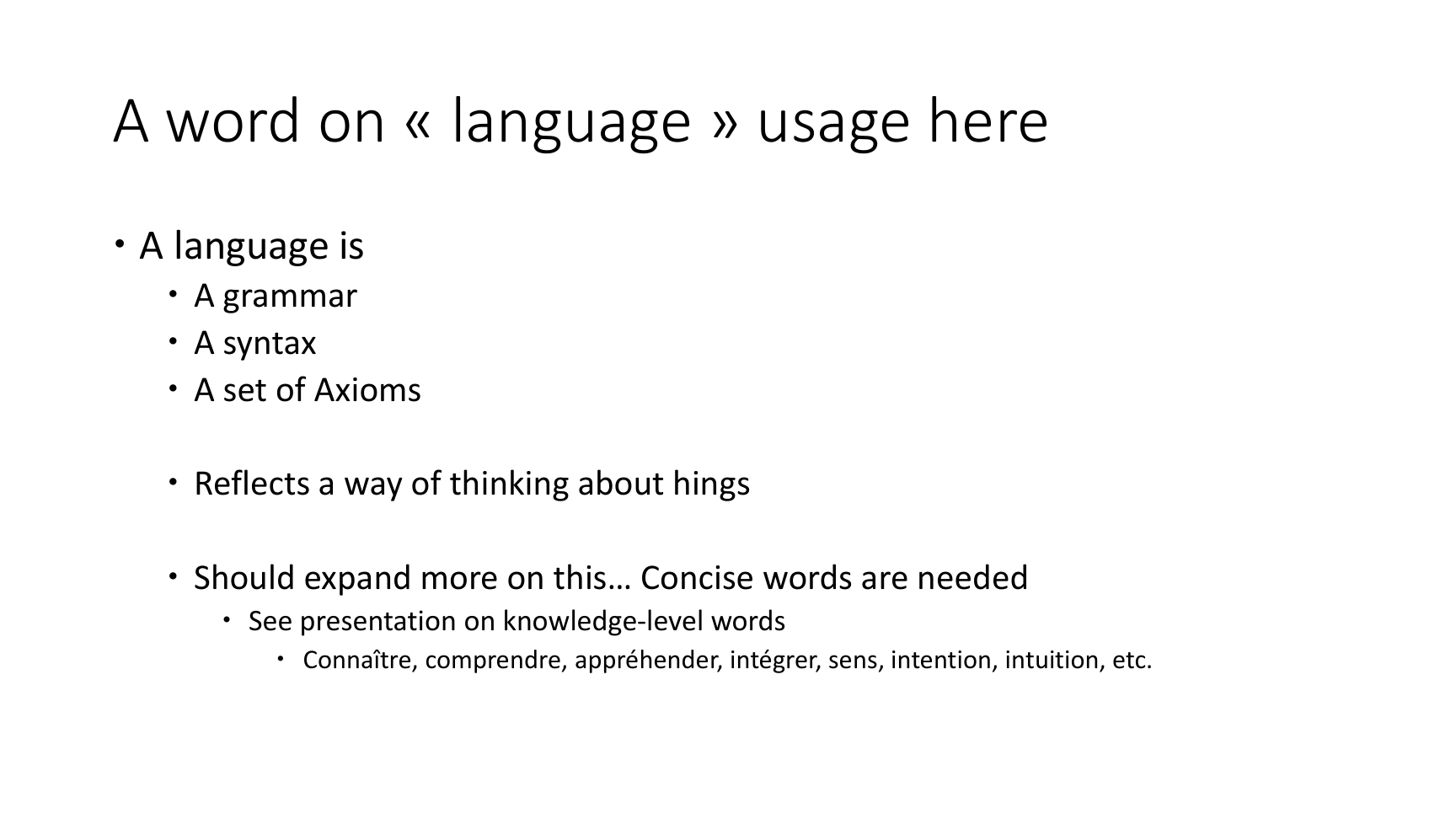 Le moment ou le document explicite le plus nettement la fonction du langage dans l'analyse: grammaire, syntaxe, axiomes, mode de pensee.